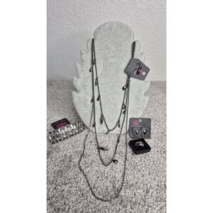 Bravado Paparazzi Layered Necklace Faux Hematite Earrings Ring Bracelet Set